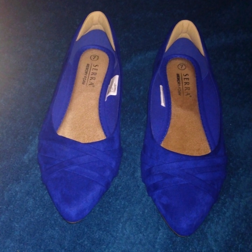 Blue suede flat ballerina style ladies shoes